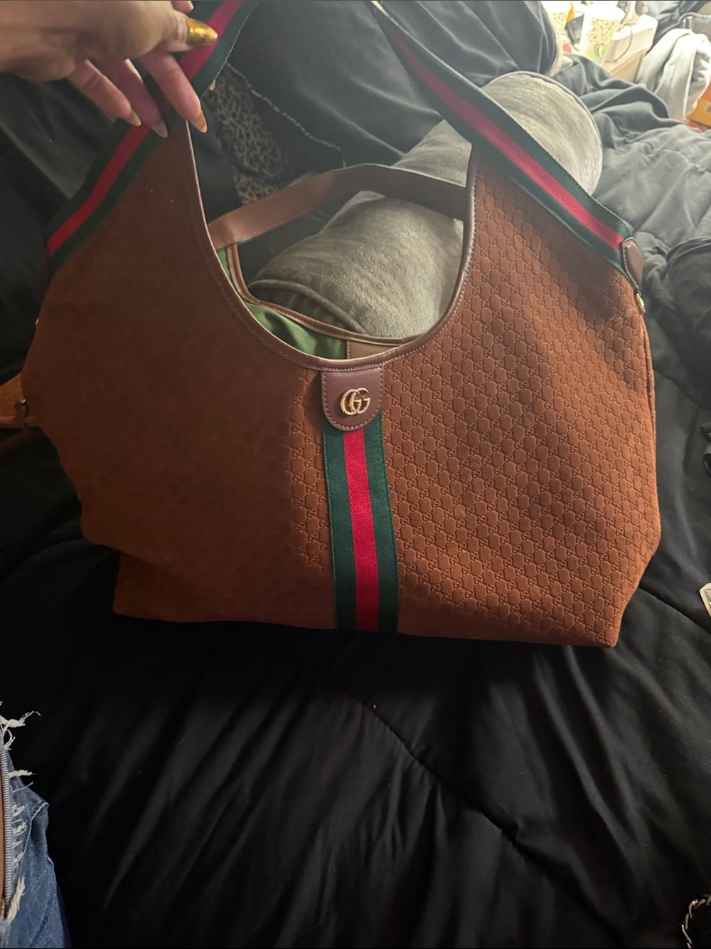Gucci Brown Suede GG Tote with Signature Green-Red Web - Picture 3 of 3